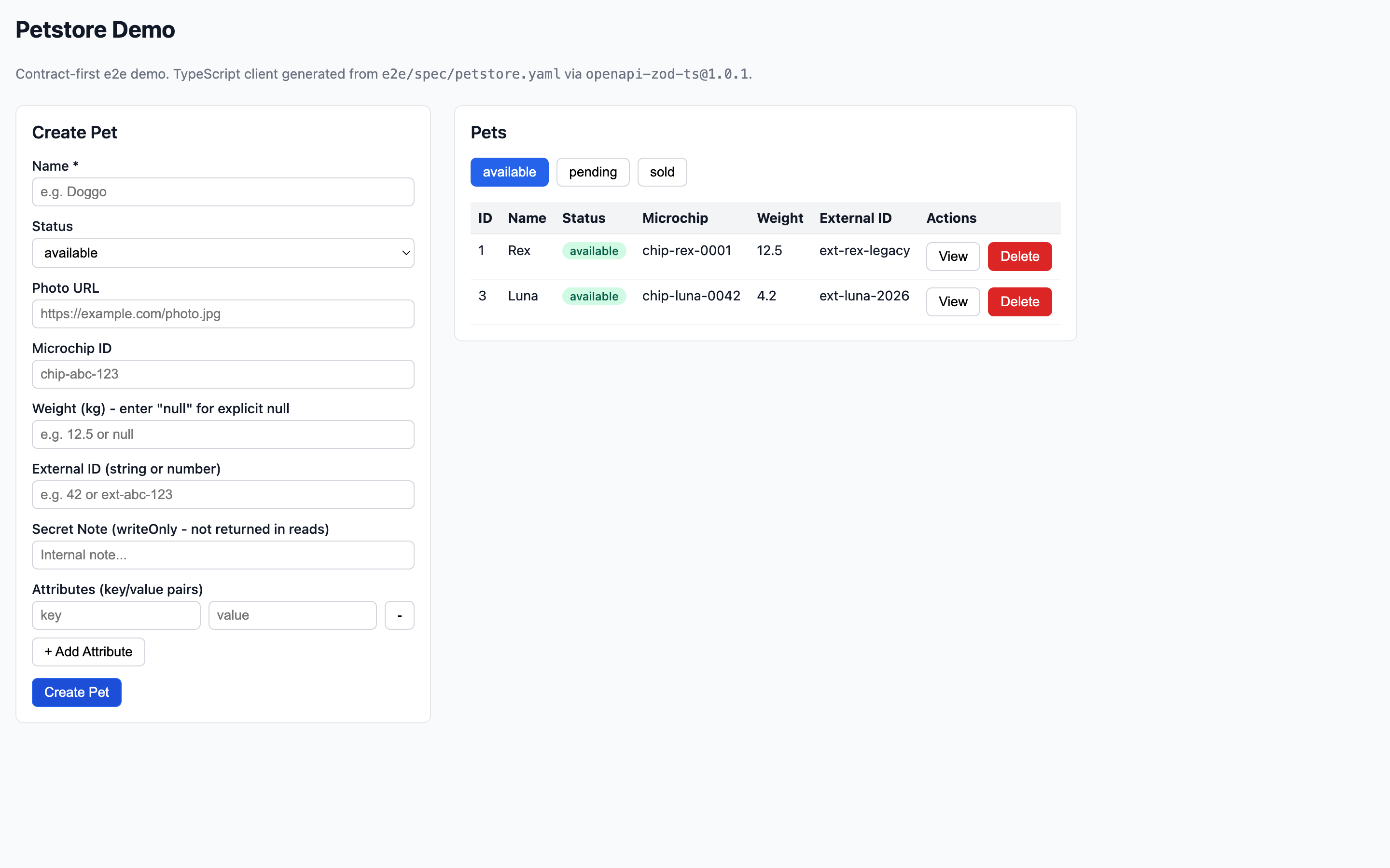 The e2e demo SPA listing pets served by the generated Laravel backend